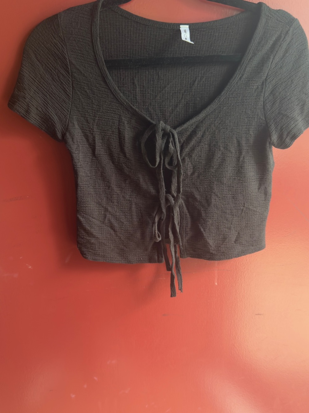 Women's Black Tie-Front Cropped Top with Short Sleeves